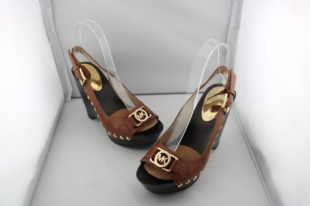 Michael Kors Charm Sling Luggage Brown Leather Studded Wedge Sandals Size 6M Box